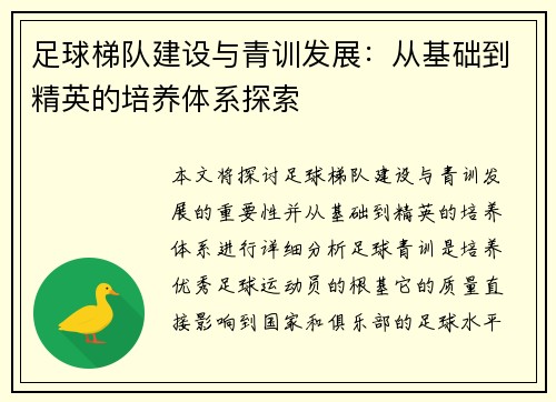 足球梯队建设与青训发展：从基础到精英的培养体系探索