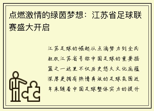点燃激情的绿茵梦想：江苏省足球联赛盛大开启
