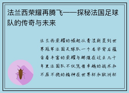 法兰西荣耀再腾飞——探秘法国足球队的传奇与未来